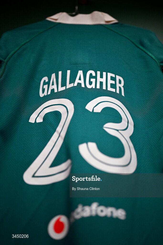 9 May 2026; The jersey of Niamh Gallagher of Ireland is seen hanging in the dressing room ahead of the Women's 6 Nations Rugby Championship match between Ireland and Wales at Affidea Stadium in Belfast. Photo by Shauna Clinton/Sportsfile