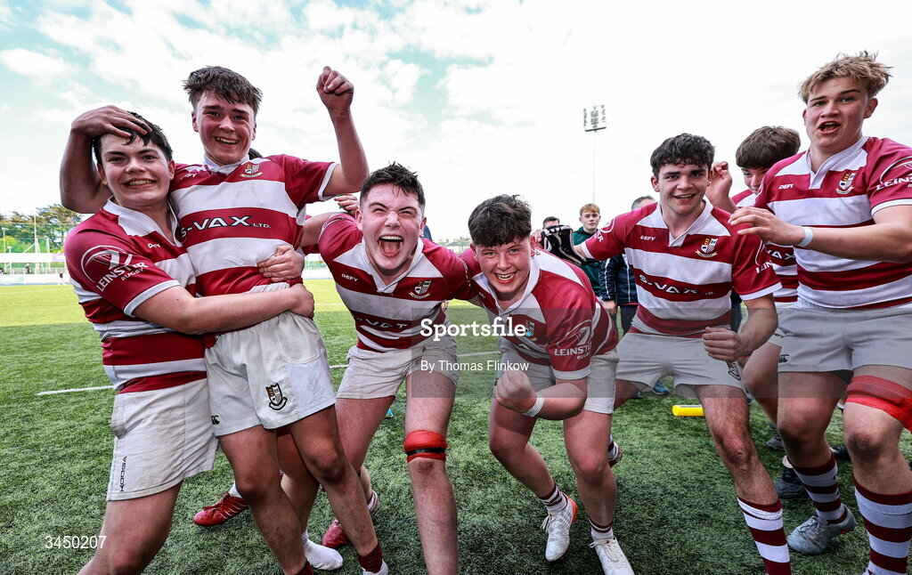 4 May 2026; Tullow RFC players celebrate after the U17 Culliton Cup match between Navan RFC and Tullow RFC during the Leinster Rugby Youth Boys Cup Finals at Energia Park in Dublin. Photo by Thomas Flinkow/Sportsfile