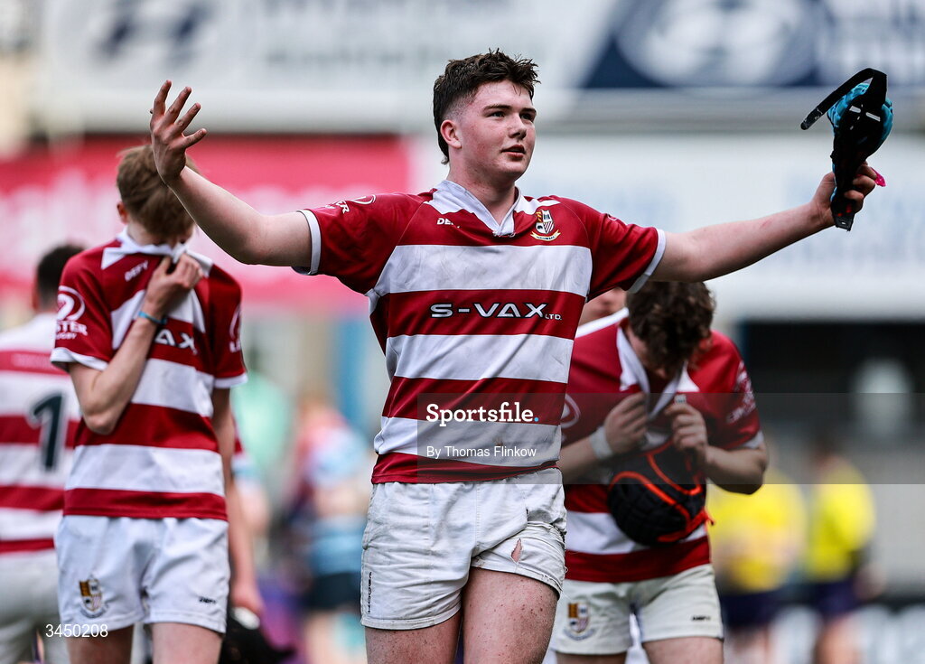 4 May 2026; Tullow RFC players celebrate after the U17 Culliton Cup match between Navan RFC and Tullow RFC during the Leinster Rugby Youth Boys Cup Finals at Energia Park in Dublin. Photo by Thomas Flinkow/Sportsfile