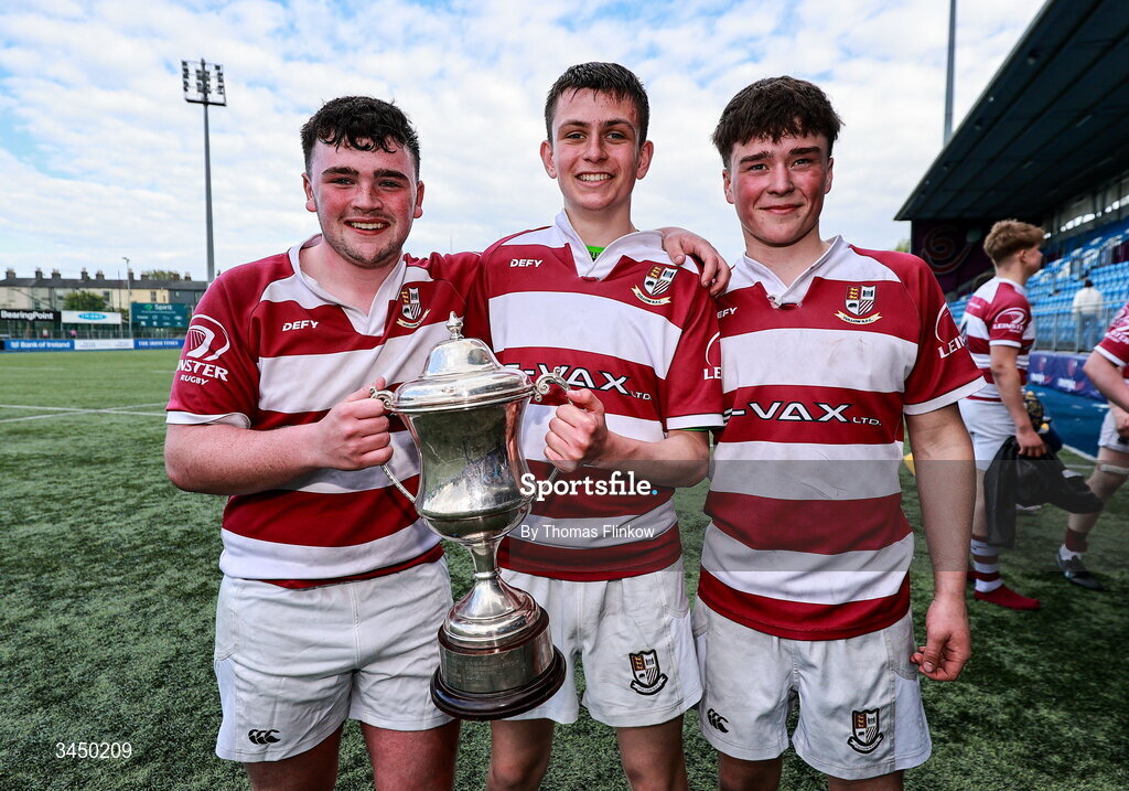 4 May 2026; Tullow RFC players celebrate after the U17 Culliton Cup match between Navan RFC and Tullow RFC during the Leinster Rugby Youth Boys Cup Finals at Energia Park in Dublin. Photo by Thomas Flinkow/Sportsfile