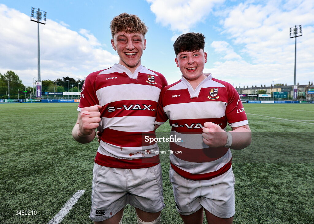 4 May 2026; Tullow RFC players celebrate after the U17 Culliton Cup match between Navan RFC and Tullow RFC during the Leinster Rugby Youth Boys Cup Finals at Energia Park in Dublin. Photo by Thomas Flinkow/Sportsfile