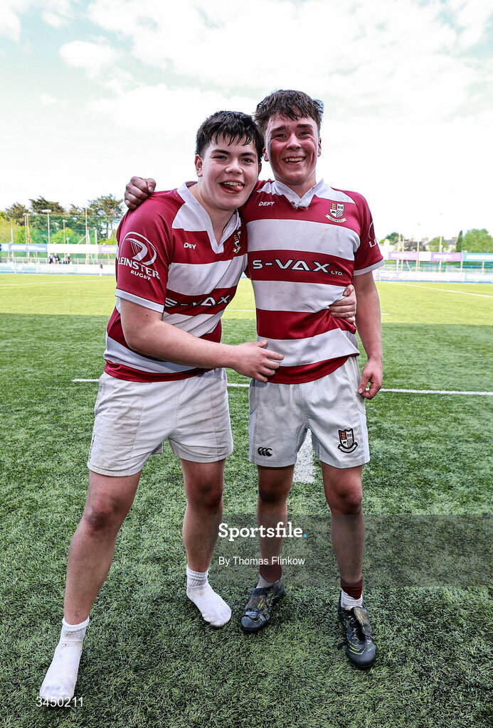 4 May 2026; Tullow RFC players celebrate after the U17 Culliton Cup match between Navan RFC and Tullow RFC during the Leinster Rugby Youth Boys Cup Finals at Energia Park in Dublin. Photo by Thomas Flinkow/Sportsfile