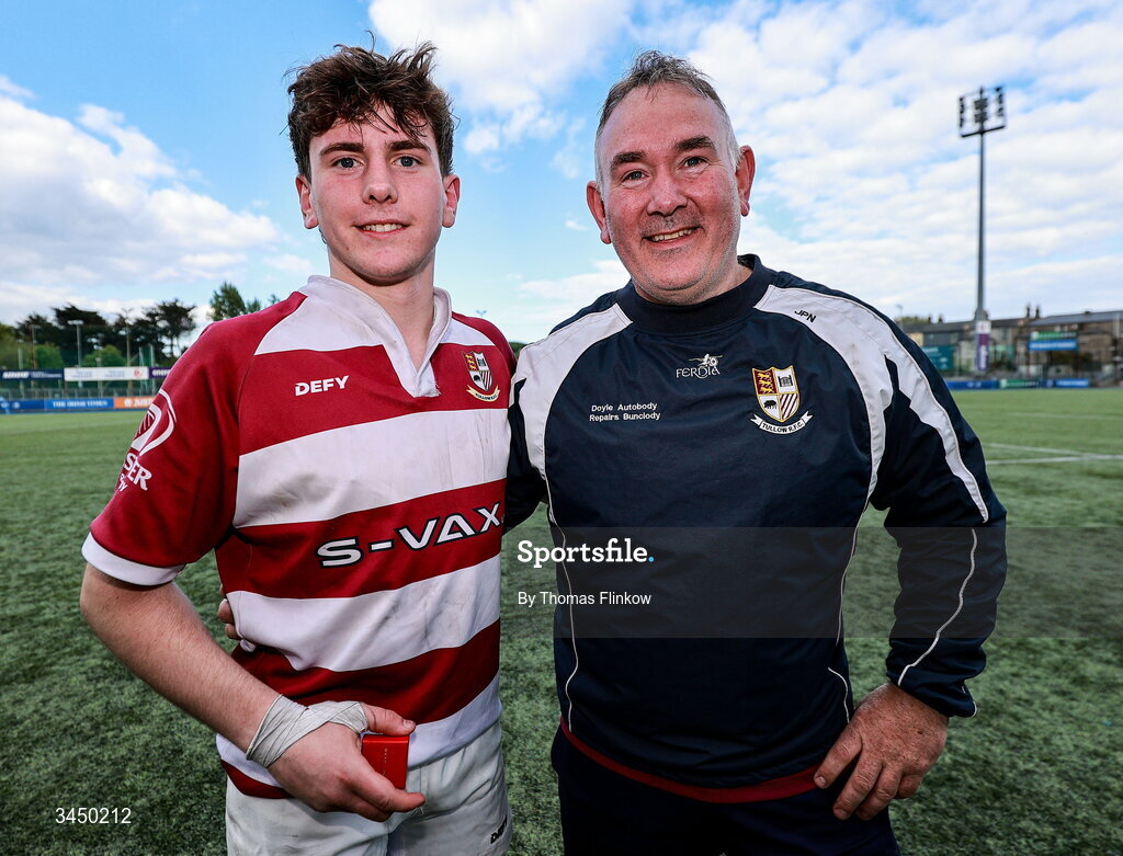 4 May 2026; Tullow RFC players celebrate with coach JP Nolan after the U17 Culliton Cup match between Navan RFC and Tullow RFC during the Leinster Rugby Youth Boys Cup Finals at Energia Park in Dublin. Photo by Thomas Flinkow/Sportsfile