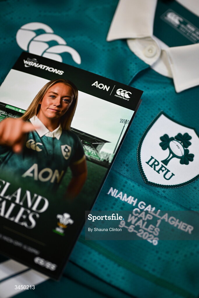 9 May 2026; The jersey of Niamh Gallagher of Ireland is seen alongside the match programme in the dressing room ahead of the Women's 6 Nations Rugby Championship match between Ireland and Wales at Affidea Stadium in Belfast. Photo by Shauna Clinton/Sportsfile