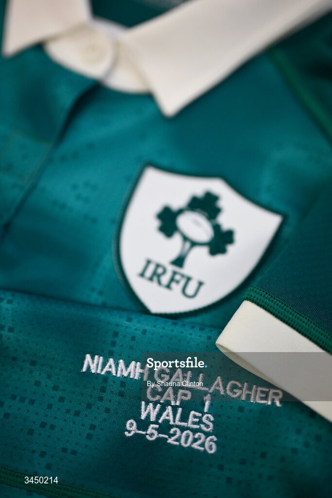 9 May 2026; The jersey of Niamh Gallagher of Ireland is seen hanging in the dressing room ahead of the Women's 6 Nations Rugby Championship match between Ireland and Wales at Affidea Stadium in Belfast. Photo by Shauna Clinton/Sportsfile