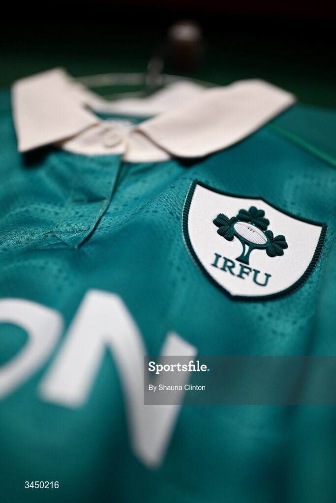 9 May 2026; The jersey of Fiona Tuite of Ireland is seen hanging in the dressing room ahead of the Women's 6 Nations Rugby Championship match between Ireland and Wales at Affidea Stadium in Belfast. Photo by Shauna Clinton/Sportsfile