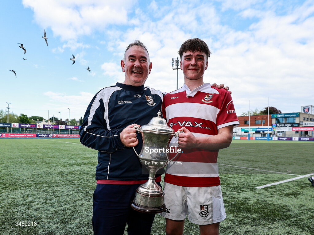 4 May 2026; Cathal Malin of Tullow RFC celebrates with coach JP Nolan after the U17 Culliton Cup match between Navan RFC and Tullow RFC during the Leinster Rugby Youth Boys Cup Finals at Energia Park in Dublin. Photo by Thomas Flinkow/Sportsfile