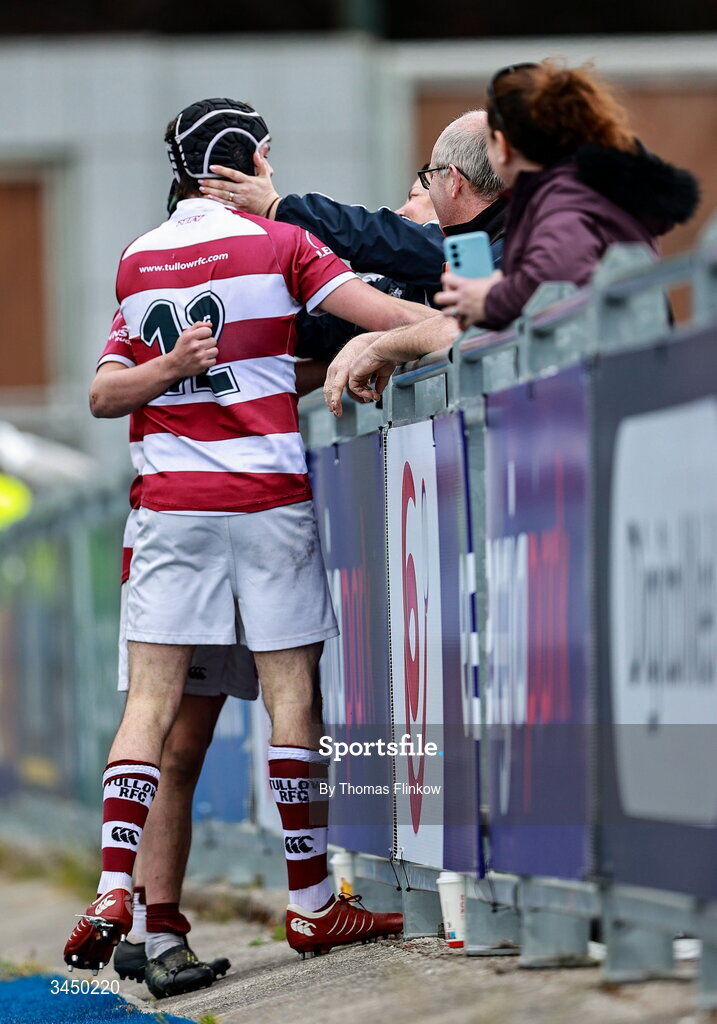 4 May 2026; Shaun Doyle of Tullow RFC celebrates with family after scoring a try during the U17 Culliton Cup match between Navan RFC and Tullow RFC during the Leinster Rugby Youth Boys Cup Finals at Energia Park in Dublin. Photo by Thomas Flinkow/Sportsfile
