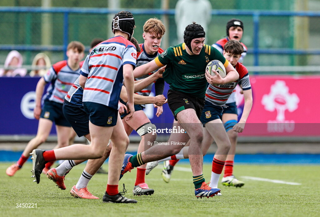 4 May 2026; Action from the U16 Cup match between Mullingar RFC and Boyne RFC during the Leinster Rugby Youth Boys Cup Finals at Energia Park in Dublin. Photo by Thomas Flinkow/Sportsfile