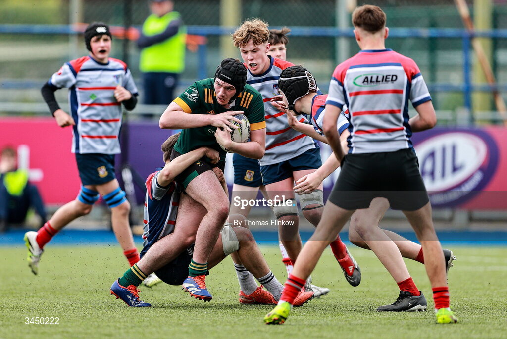 4 May 2026; Action from the U16 Cup match between Mullingar RFC and Boyne RFC during the Leinster Rugby Youth Boys Cup Finals at Energia Park in Dublin. Photo by Thomas Flinkow/Sportsfile
