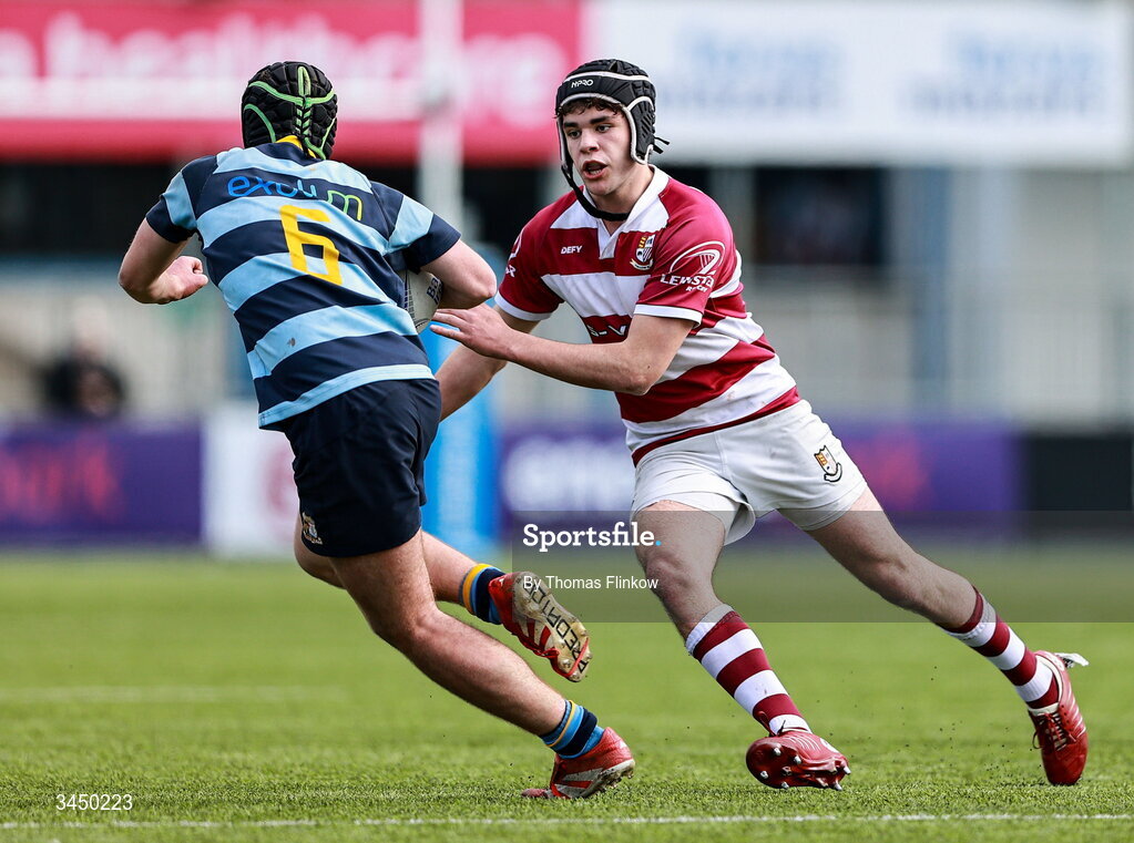 4 May 2026; Action from the U17 Culliton Cup match between Navan RFC and Tullow RFC during the Leinster Rugby Youth Boys Cup Finals at Energia Park in Dublin. Photo by Thomas Flinkow/Sportsfile