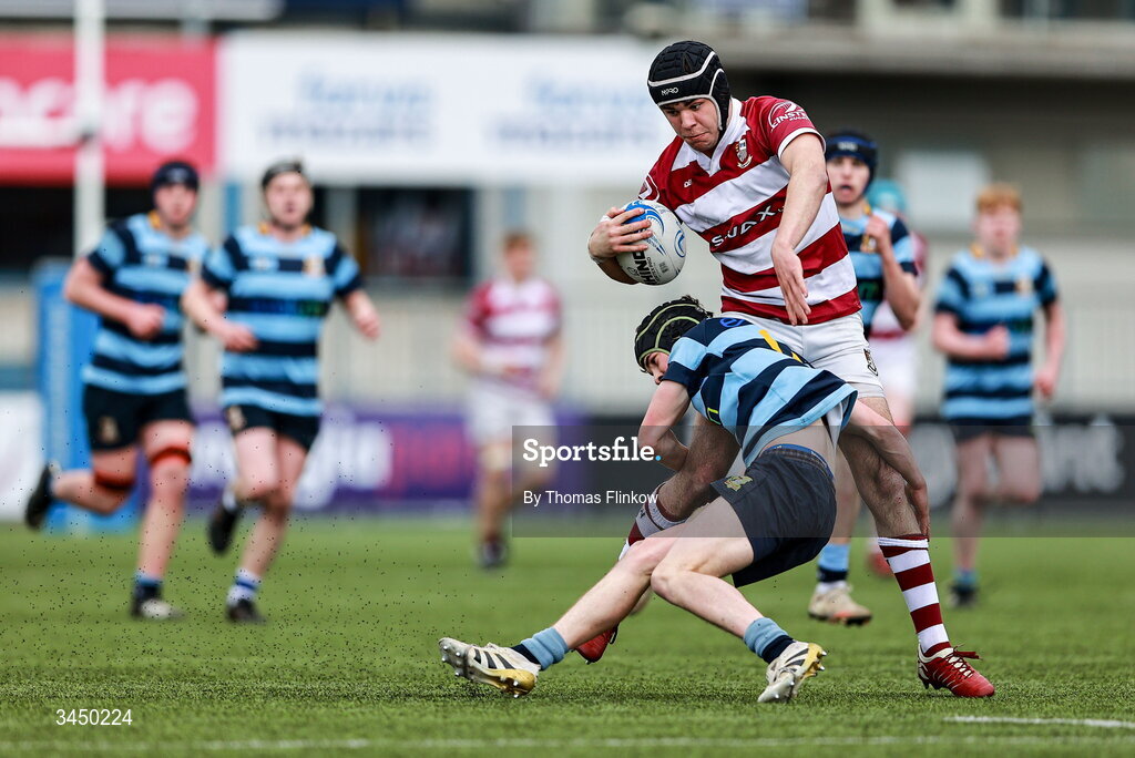 4 May 2026; Shaun Doyle of Tullow RFC is tackled by Conor Martin of Navan RFC during the U17 Culliton Cup match between Navan RFC and Tullow RFC during the Leinster Rugby Youth Boys Cup Finals at Energia Park in Dublin. Photo by Thomas Flinkow/Sportsfile