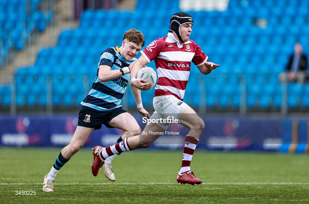 4 May 2026; Shaun Doyle of Tullow RFC in action against Conor Duffy of Navan RFC during the U17 Culliton Cup match between Navan RFC and Tullow RFC during the Leinster Rugby Youth Boys Cup Finals at Energia Park in Dublin. Photo by Thomas Flinkow/Sportsfile