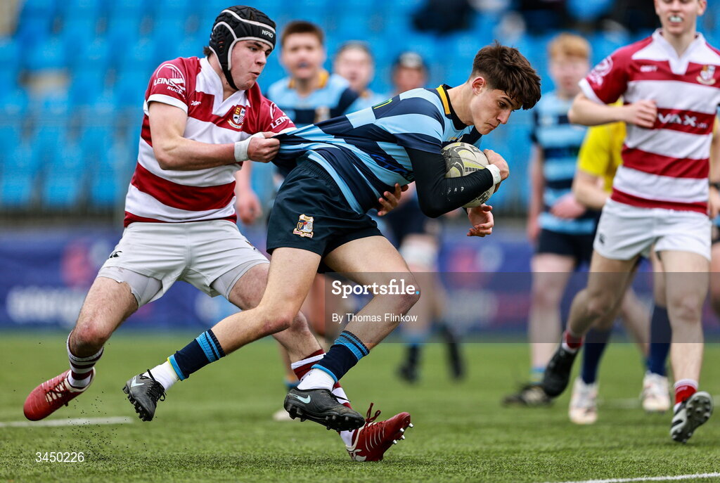 4 May 2026; Evan Lawless of Navan RFC in action against Shaun Doyle of Tullow RFC during the U17 Culliton Cup match between Navan RFC and Tullow RFC during the Leinster Rugby Youth Boys Cup Finals at Energia Park in Dublin. Photo by Thomas Flinkow/Sportsfile