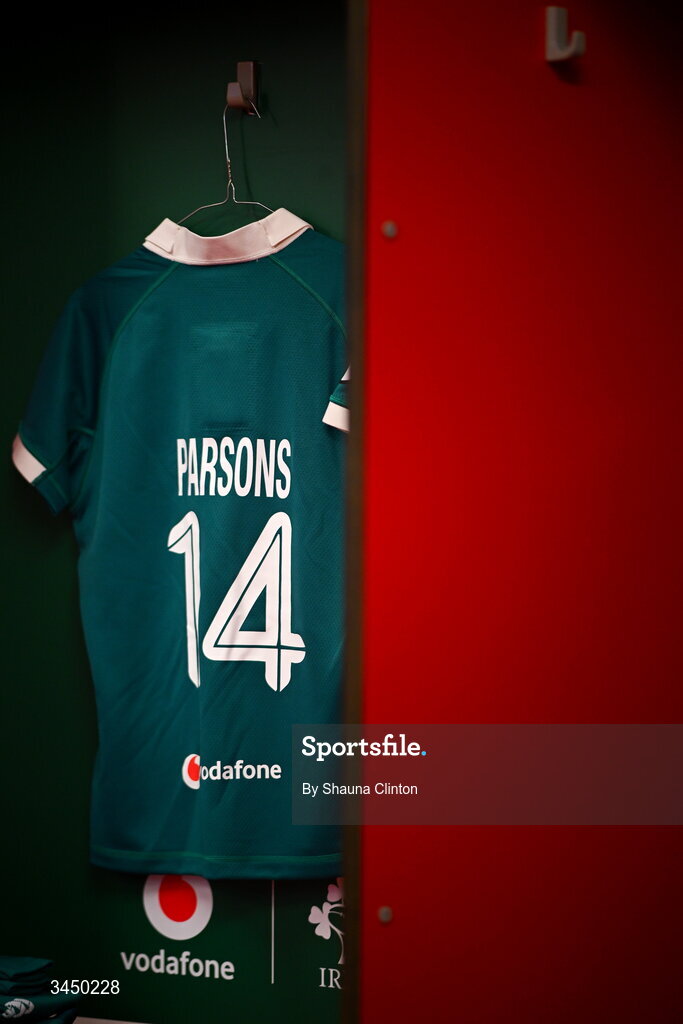 9 May 2026; The jersey of Béibhinn Parsons of Ireland is seen hanging in the dressing room ahead of the Women's 6 Nations Rugby Championship match between Ireland and Wales at Affidea Stadium in Belfast. Photo by Shauna Clinton/Sportsfile