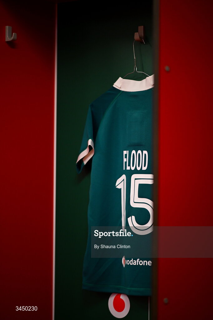 9 May 2026; The jersey of Stacey Flood of Ireland is seen hanging in the dressing room ahead of the Women's 6 Nations Rugby Championship match between Ireland and Wales at Affidea Stadium in Belfast. Photo by Shauna Clinton/Sportsfile