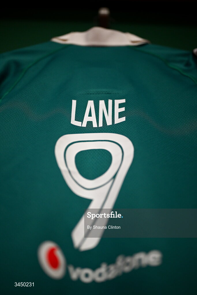 9 May 2026; The jersey of Emily Lane of Ireland is seen hanging in the dressing room ahead of the Women's 6 Nations Rugby Championship match between Ireland and Wales at Affidea Stadium in Belfast. Photo by Shauna Clinton/Sportsfile