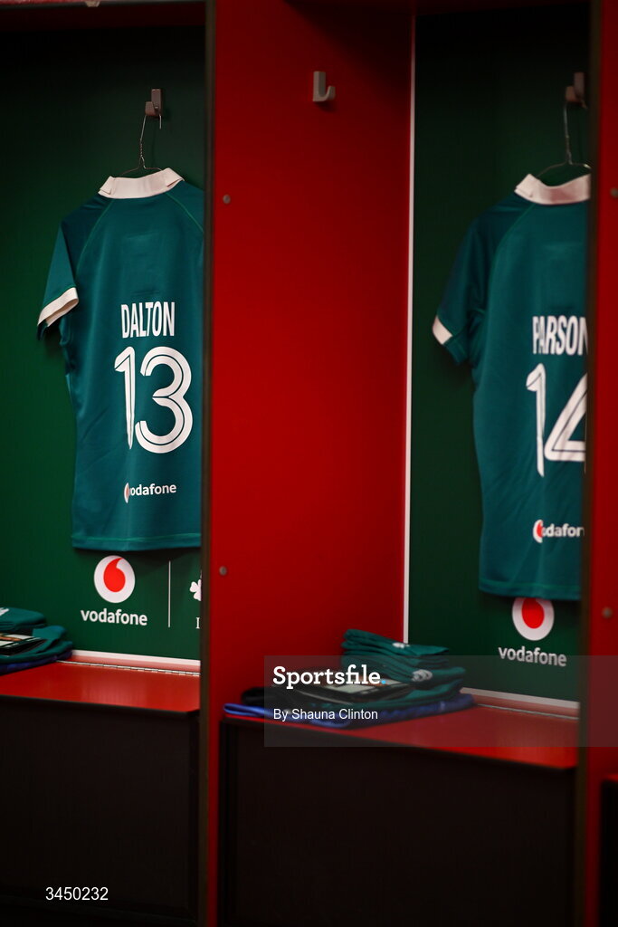 9 May 2026; The jerseys of Aoife Dalton, left, and Béibhinn Parsons of Ireland are seen hanging in the dressing room ahead of the Women's 6 Nations Rugby Championship match between Ireland and Wales at Affidea Stadium in Belfast. Photo by Shauna Clinton/Sportsfile