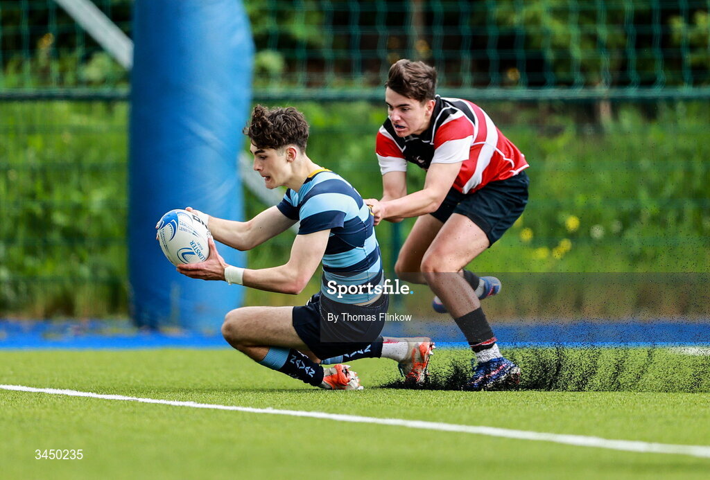 4 May 2026; Evan Lynch of Navan RFC scores a try despite the attention of Alex Healy of Wicklow RFC during the U16 Plate match between Navan RFC and Wicklow RFC during the Leinster Rugby Youth Boys Cup Finals at Energia Park in Dublin. Photo by Thomas Flinkow/Sportsfile