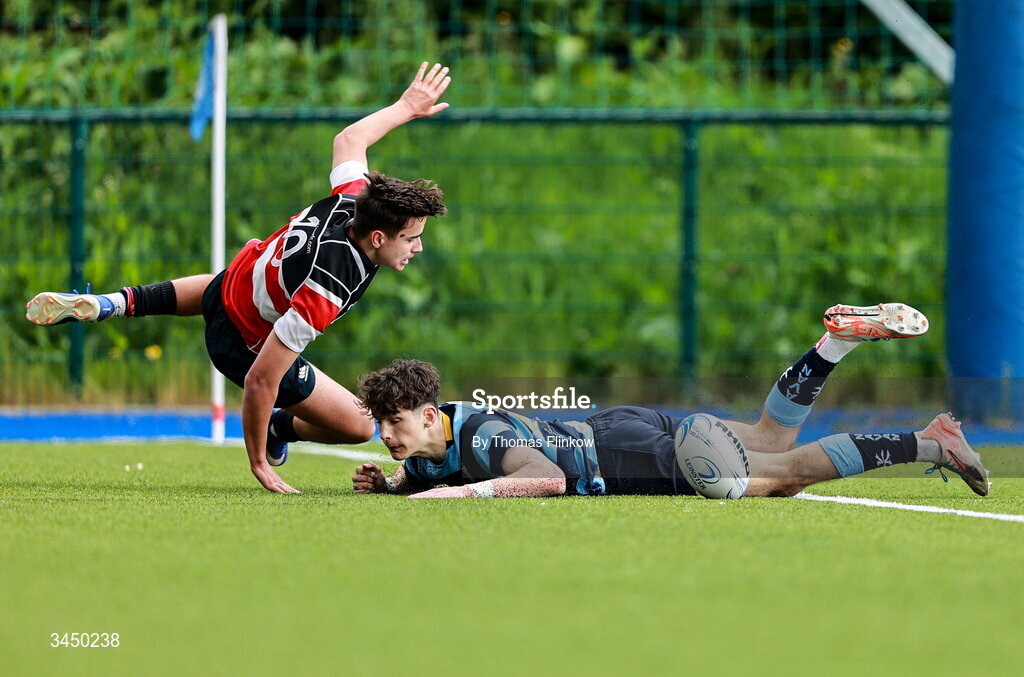 4 May 2026; Evan Lynch of Navan RFC scores a try despite the attention of Alex Healy of Wicklow RFC during the U16 Plate match between Navan RFC and Wicklow RFC during the Leinster Rugby Youth Boys Cup Finals at Energia Park in Dublin. Photo by Thomas Flinkow/Sportsfile