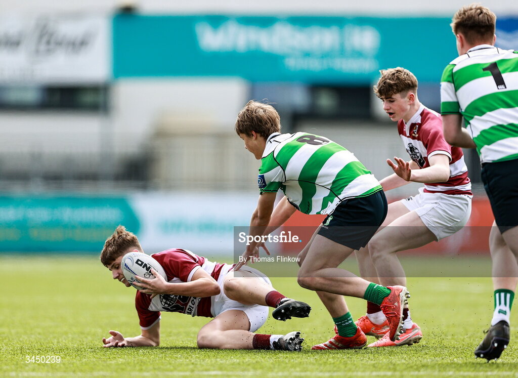 4 May 2026; Action from the U15 McAuley Cup match between Naas RFC and Tullow RFC during the Leinster Rugby Youth Boys Cup Finals at Energia Park in Dublin. Photo by Thomas Flinkow/Sportsfile
