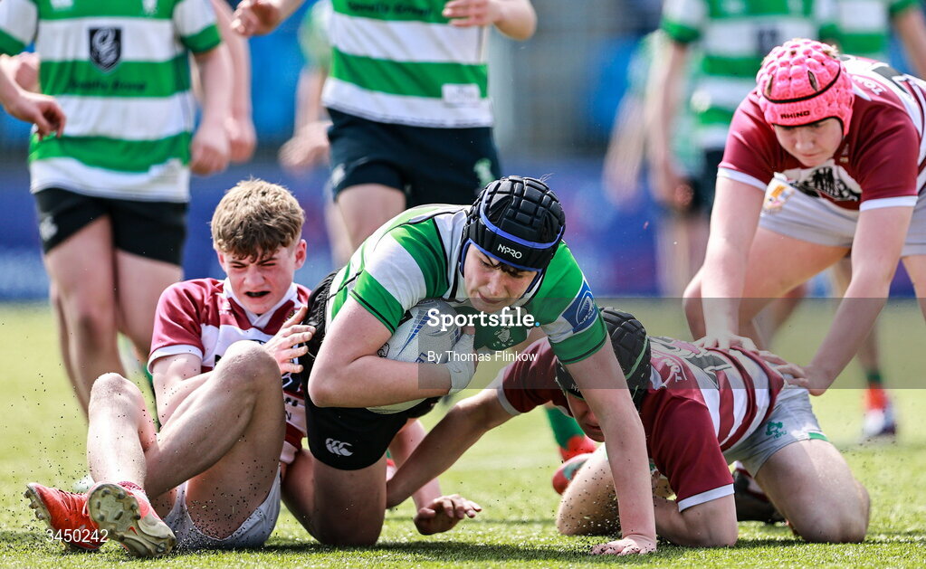 4 May 2026; Action from the U15 McAuley Cup match between Naas RFC and Tullow RFC during the Leinster Rugby Youth Boys Cup Finals at Energia Park in Dublin. Photo by Thomas Flinkow/Sportsfile