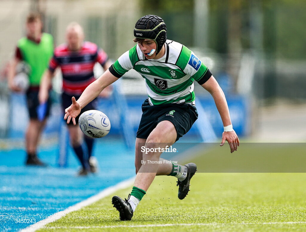 4 May 2026; Charlie Murphy of Naas RFC during the U15 McAuley Cup: match between Naas RFC and Tullow RFC during the Leinster Rugby Youth Boys Cup Finals at Energia Park in Dublin. Photo by Thomas Flinkow/Sportsfile