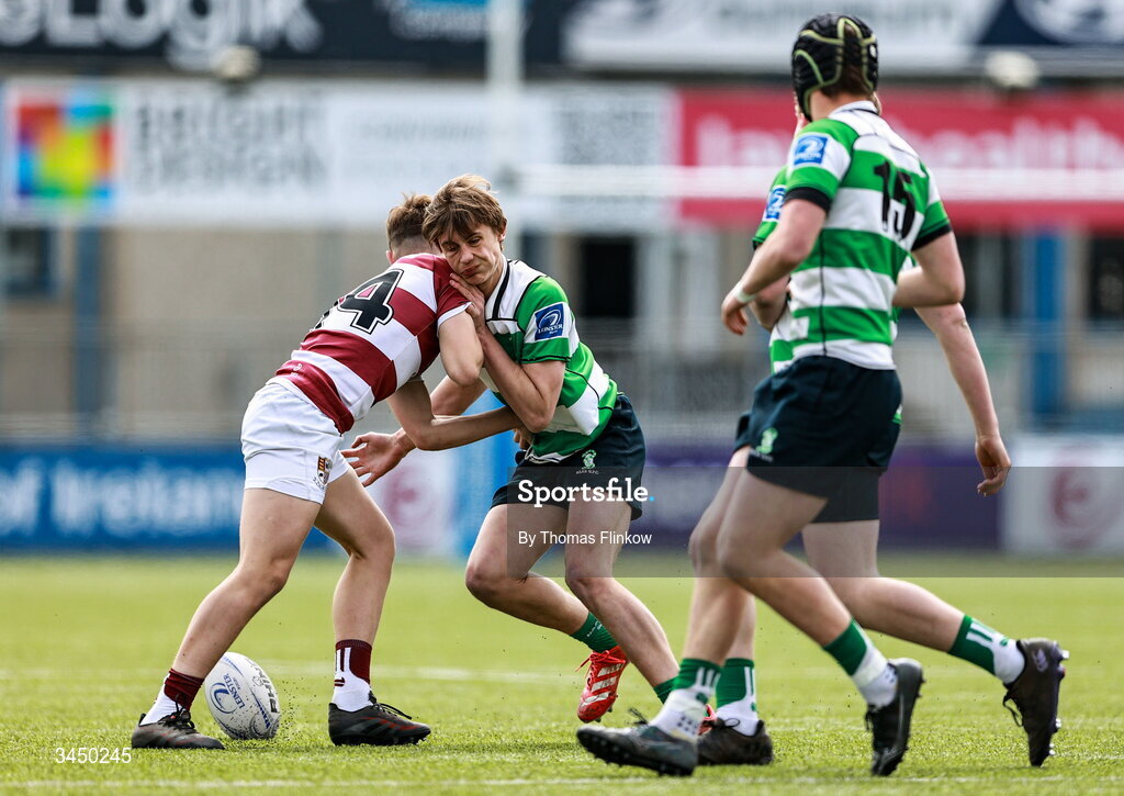 4 May 2026; Action from the U15 McAuley Cup match between Naas RFC and Tullow RFC during the Leinster Rugby Youth Boys Cup Finals at Energia Park in Dublin. Photo by Thomas Flinkow/Sportsfile
