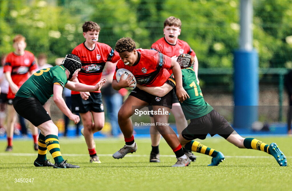 4 May 2026; Action from the U15 Plate match between Boyne RFC vs Tullamore RFC during the Leinster Rugby Youth Boys Cup Finals at Energia Park in Dublin. Photo by Thomas Flinkow/Sportsfile