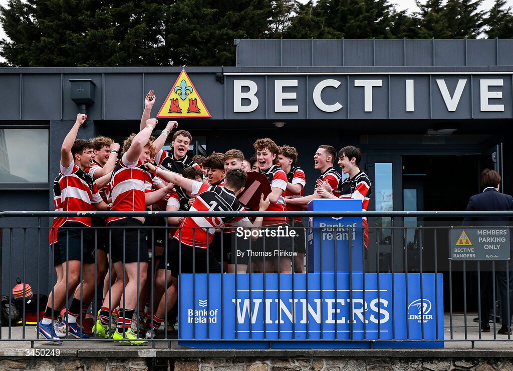 4 May 2026; Wicklow RFC players celebrate after the U16 Plate match between Navan RFC and Wicklow RFC during the Leinster Rugby Youth Boys Cup Finals at Energia Park in Dublin. Photo by Thomas Flinkow/Sportsfile