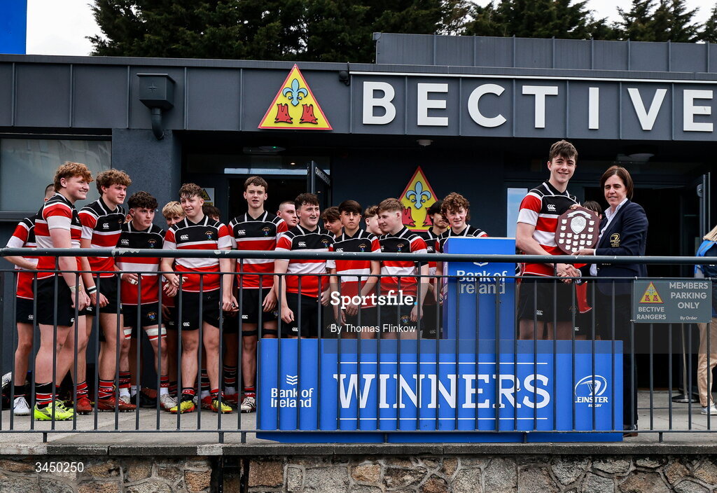 4 May 2026; Wicklow RFC players celebrate after the U16 Plate match between Navan RFC and Wicklow RFC during the Leinster Rugby Youth Boys Cup Finals at Energia Park in Dublin. Photo by Thomas Flinkow/Sportsfile