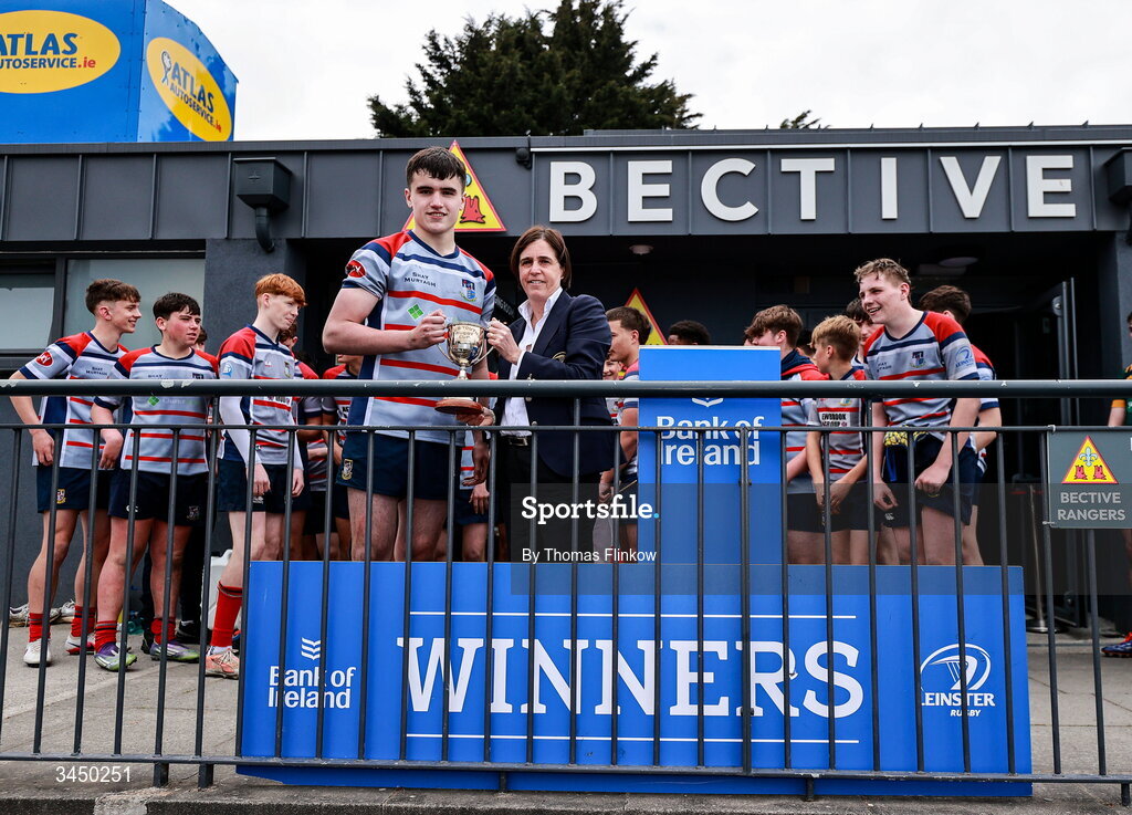 4 May 2026; Mullingar RFC players celebrate with the cup after the U16 Cup match between Mullingar RFC and Boyne RFC during the Leinster Rugby Youth Boys Cup Finals at Energia Park in Dublin. Photo by Thomas Flinkow/Sportsfile