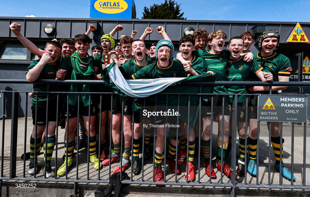 4 May 2026; Boyne RFC players celebrate after the U15 Plate match between Boyne RFC and Tullamore RFC during the Leinster Rugby Youth Boys Cup Finals at Energia Park in Dublin. Photo by Thomas Flinkow/Sportsfile
