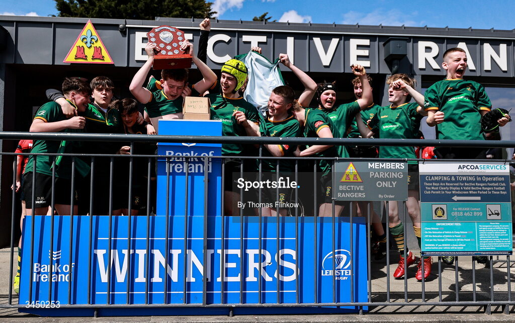4 May 2026; Boyne RFC players celebrate after the U15 Plate match between Boyne RFC and Tullamore RFC during the Leinster Rugby Youth Boys Cup Finals at Energia Park in Dublin. Photo by Thomas Flinkow/Sportsfile