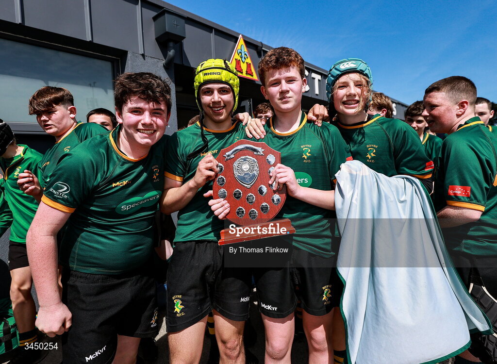4 May 2026; Boyne RFC players celebrate after the U15 Plate match between Boyne RFC and Tullamore RFC during the Leinster Rugby Youth Boys Cup Finals at Energia Park in Dublin. Photo by Thomas Flinkow/Sportsfile