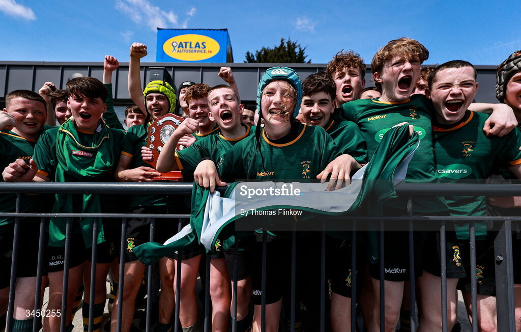 4 May 2026; Boyne RFC players celebrate after the U15 Plate match between Boyne RFC and Tullamore RFC during the Leinster Rugby Youth Boys Cup Finals at Energia Park in Dublin. Photo by Thomas Flinkow/Sportsfile