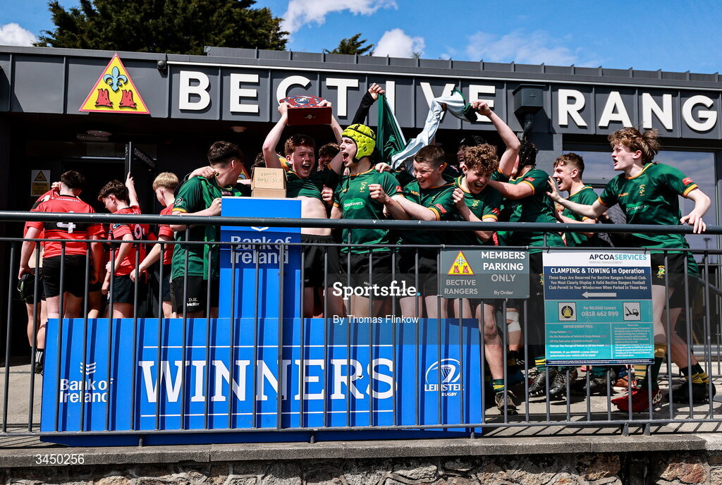 4 May 2026; Boyne RFC players celebrate after the U15 Plate match between Boyne RFC and Tullamore RFC during the Leinster Rugby Youth Boys Cup Finals at Energia Park in Dublin. Photo by Thomas Flinkow/Sportsfile