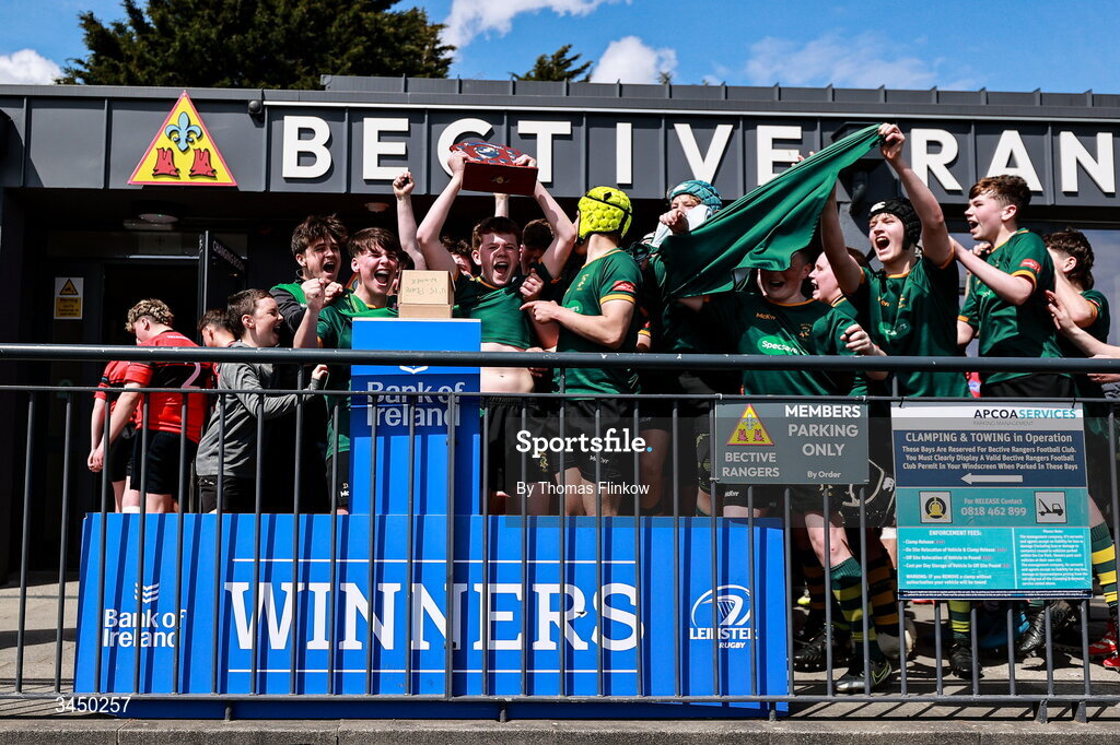 4 May 2026; Boyne RFC players celebrate after the U15 Plate match between Boyne RFC and Tullamore RFC during the Leinster Rugby Youth Boys Cup Finals at Energia Park in Dublin. Photo by Thomas Flinkow/Sportsfile