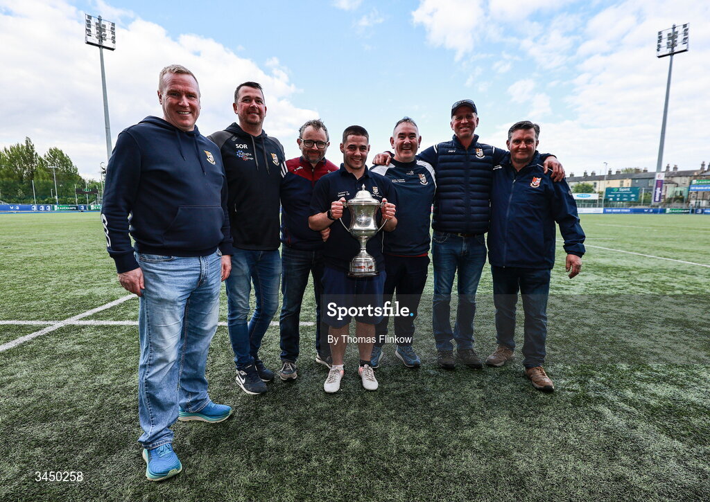 4 May 2026; Tullow RFC coaches celebrate after the U17 Culliton Cup match between Navan RFC and Tullow RFC during the Leinster Rugby Youth Boys Cup Finals at Energia Park in Dublin. Photo by Thomas Flinkow/Sportsfile