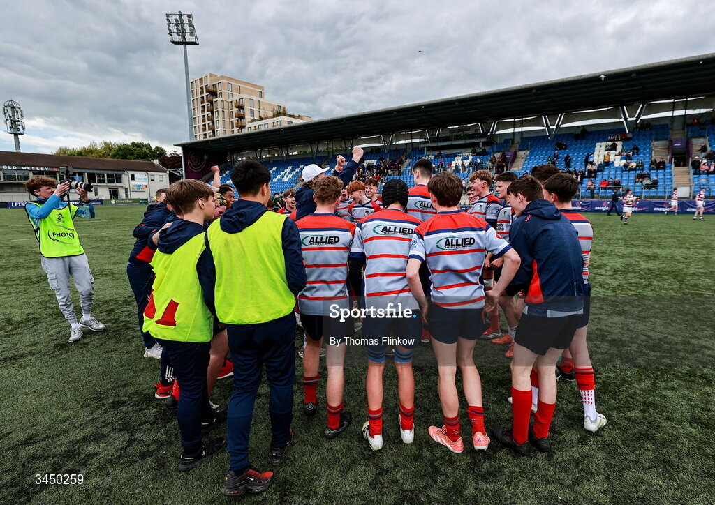 4 May 2026; Mullingar RFC players celebrate after the U16 Cup match between Mullingar RFC and Boyne RFC during the Leinster Rugby Youth Boys Cup Finals at Energia Park in Dublin. Photo by Thomas Flinkow/Sportsfile