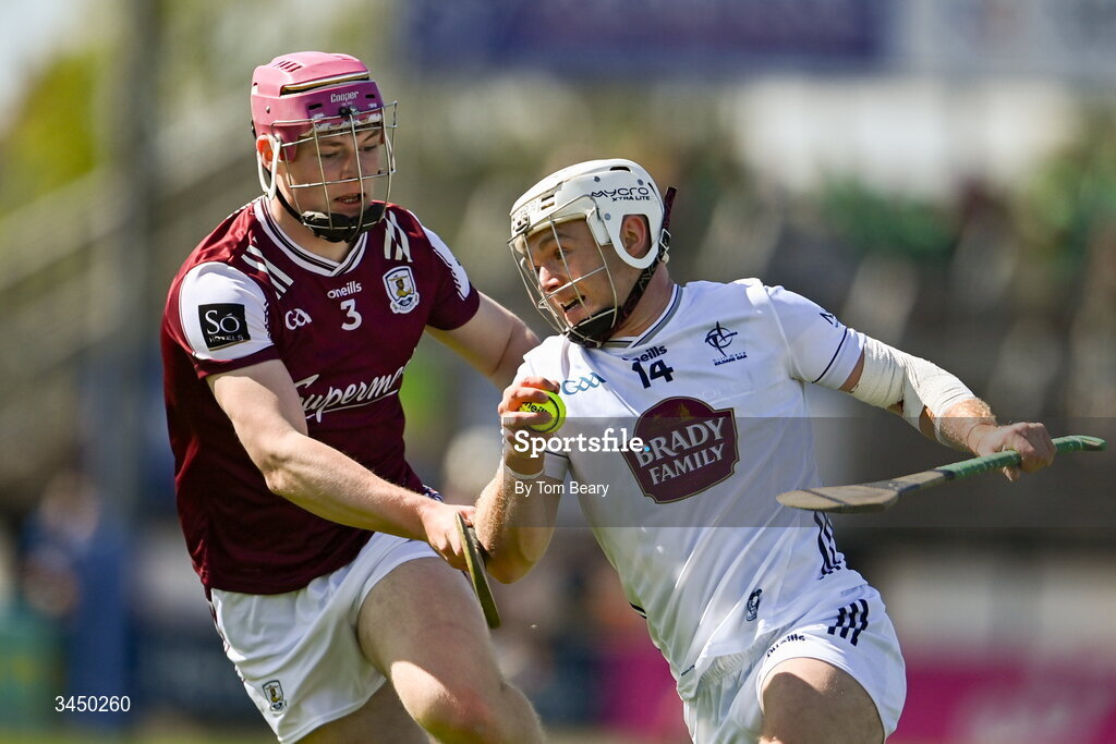 9 May 2026;  Muiris Curtin of Kildare is tackled by Cillian Trayers of Galway during the Leinster GAA Senior Hurling Championship round 3 match between Kildare and Galway at Cedral St Conleth's Park in Newbridge, Kildare. Photo by Tom Beary/Sportsfile