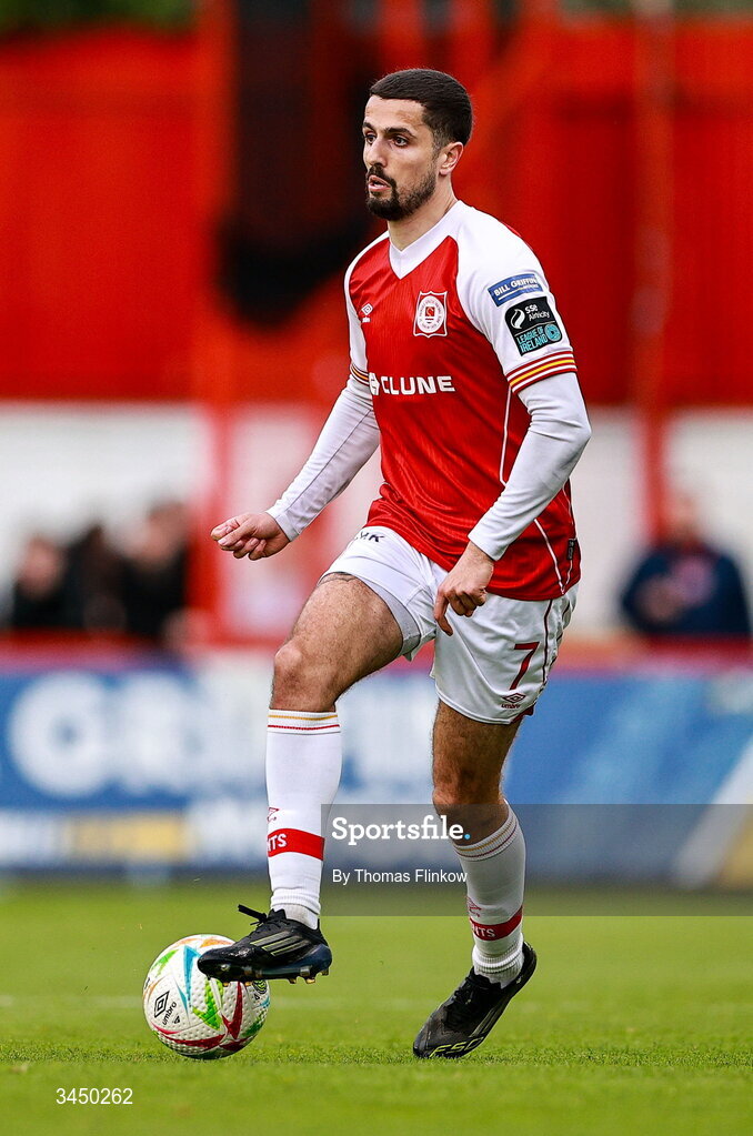8 May 2026; Zack Elbouzedi of St Patrick's Athletic during the SSE Airtricity Men’s Premier Division match between St Patrick's Athletic and Waterford at Richmond Park in Dublin. Photo by Thomas Flinkow/Sportsfile