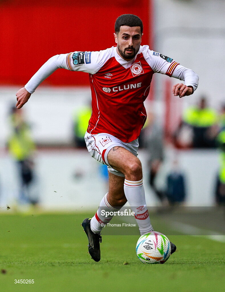 8 May 2026; Zack Elbouzedi of St Patrick's Athletic during the SSE Airtricity Men’s Premier Division match between St Patrick's Athletic and Waterford at Richmond Park in Dublin. Photo by Thomas Flinkow/Sportsfile