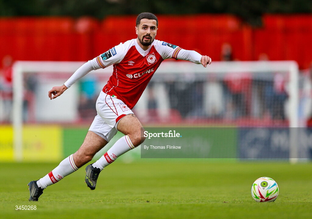 8 May 2026; Zack Elbouzedi of St Patrick's Athletic during the SSE Airtricity Men’s Premier Division match between St Patrick's Athletic and Waterford at Richmond Park in Dublin. Photo by Thomas Flinkow/Sportsfile