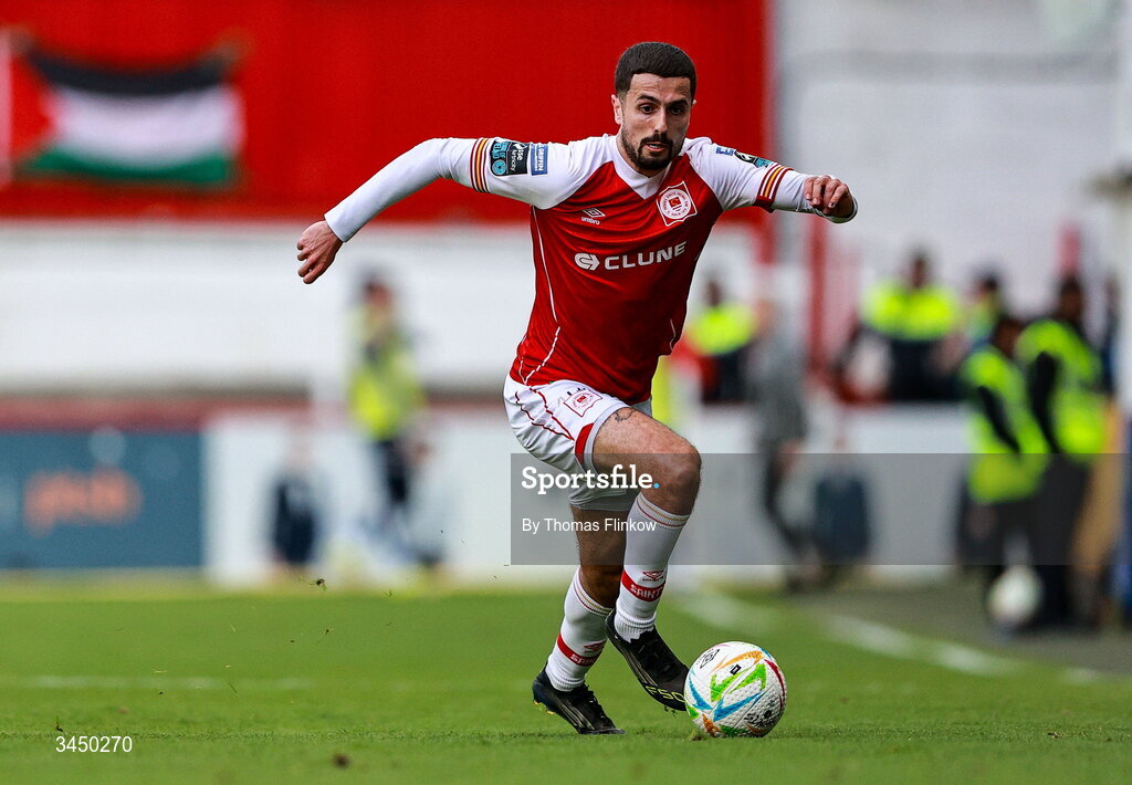 8 May 2026;Zack Elbouzedi of St Patrick's Athletic  during the SSE Airtricity Men’s Premier Division match between St Patrick's Athletic and Waterford at Richmond Park in Dublin. Photo by Thomas Flinkow/Sportsfile