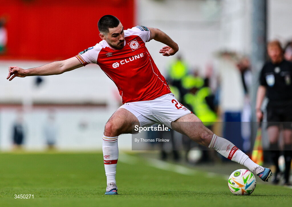 8 May 2026; Luke Turner of St Patrick's Athletic during the SSE Airtricity Men’s Premier Division match between St Patrick's Athletic and Waterford at Richmond Park in Dublin. Photo by Thomas Flinkow/Sportsfile