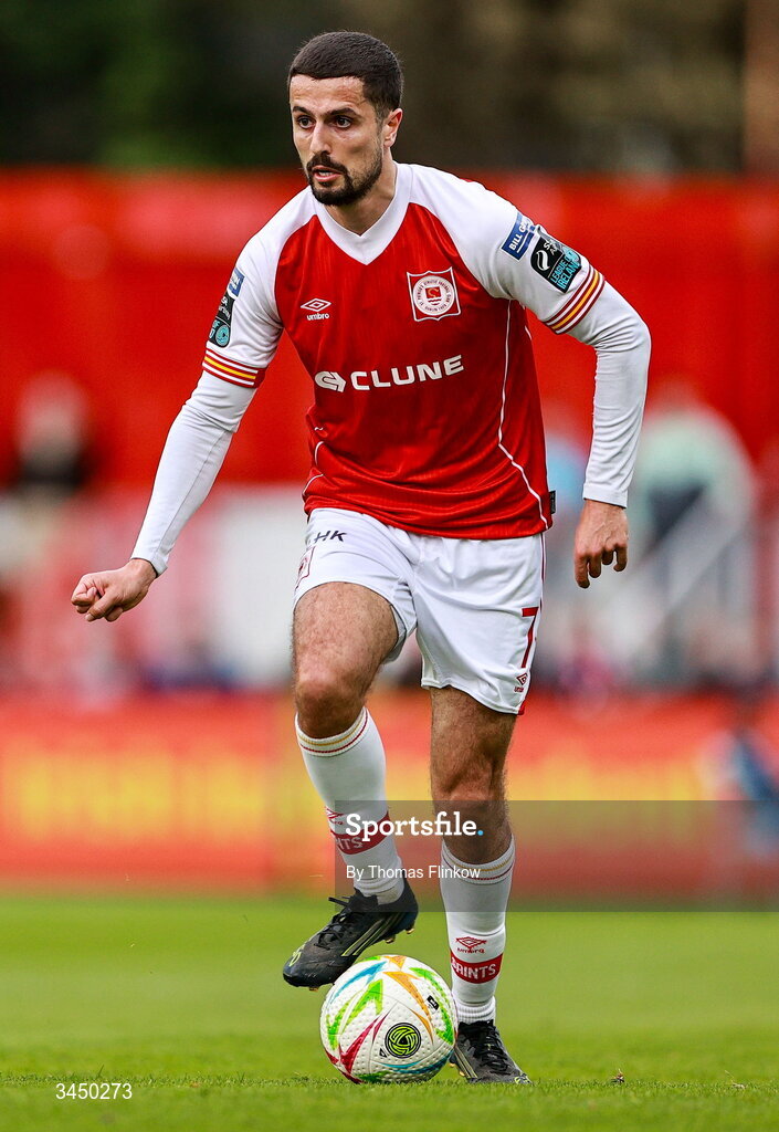 8 May 2026; Zack Elbouzedi of St Patrick's Athletic during the SSE Airtricity Men’s Premier Division match between St Patrick's Athletic and Waterford at Richmond Park in Dublin. Photo by Thomas Flinkow/Sportsfile