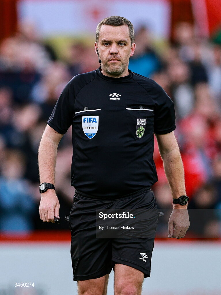 8 May 2026; Referee Robert Harvey during the SSE Airtricity Men’s Premier Division match between St Patrick's Athletic and Waterford at Richmond Park in Dublin. Photo by Thomas Flinkow/Sportsfile