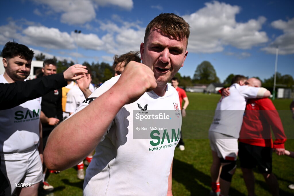 9 May 2026; Ryan Emerson of Ulster celebrates after the IRFU Men's Junior Interprovincial Round 3 match between Ulster and Leinster at Lisburn RFC in Lisburn, Antrim. Photo by Ben McShane/Sportsfile