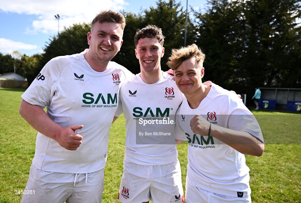 9 May 2026; Ulster players, from left, Ryan Emerson, Charlie Williamson and James Wright celebrate after the IRFU Men's Junior Interprovincial Round 3 match between Ulster and Leinster at Lisburn RFC in Lisburn, Antrim. Photo by Ben McShane/Sportsfile